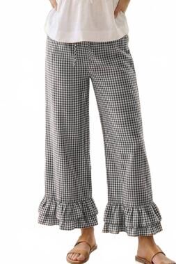 NEW VINE & LOVE gingham casual ruffled hem cropped pants in black
